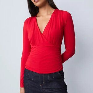 Ann Taylor Gathered V-Neck Red Long Sleeve Top -Size Large